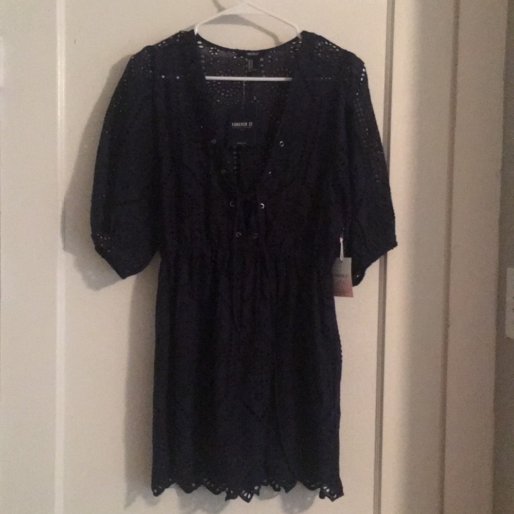 Woven lace-up v neck navy dress